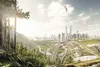 Stadtansicht mit modernen Wolkenkratzern, umgeben von Bäumen und einer kurvenreichen Straße im Vordergrund. Paragliding im Himmel.