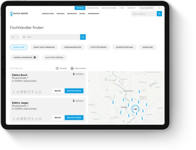 Tablet screen displaying a map and list of smart home retailers with contact options and location details.