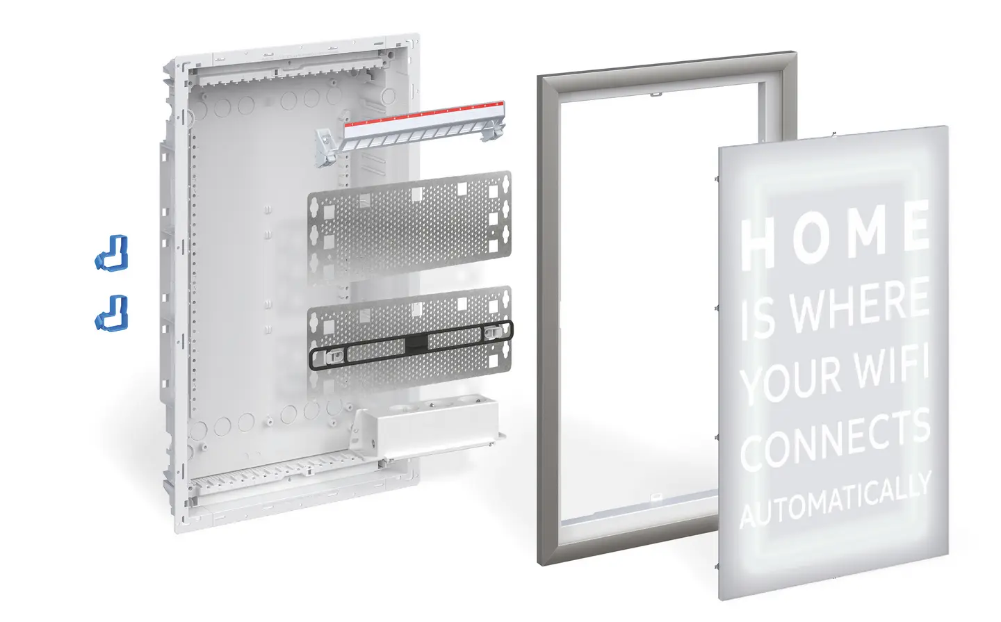 Abbildung eines Smart-Home-Geräts, bestehend aus einem Gehäuse und einem beleuchteten Rahmen mit dem Text „HOME IS WHERE YOUR WIFI CONNECTS AUTOMATICALLY“.