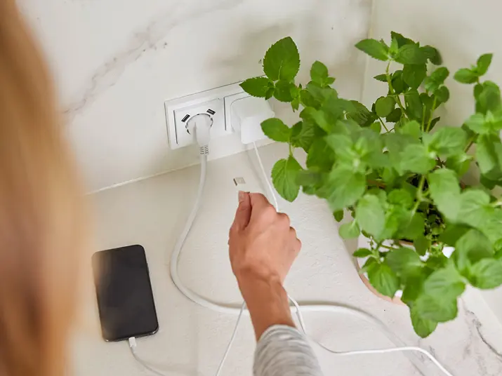 Eine Person steckt ein Ladekabel in eine Steckdose, während ein Smartphone auf dem Tisch liegt und ein Pflanzenblatt sichtbar ist.